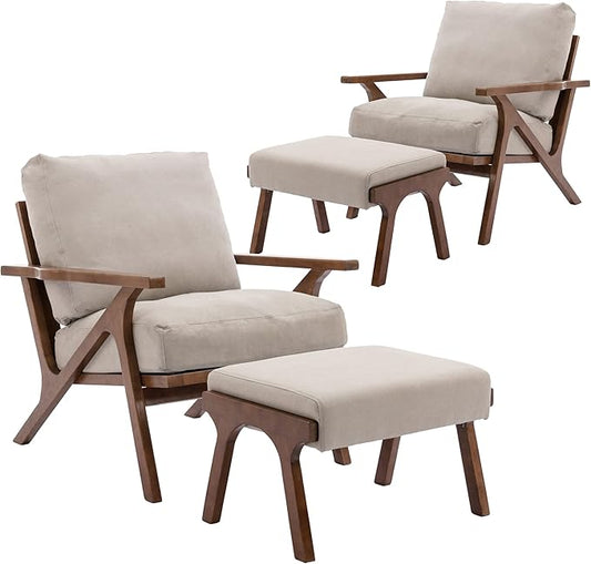 chairus Mid-Century Modern Accent Chairs with Ottomans Set of 2 Comfy Upholstered Lounge Armchairs with Solid Wood Frame Reading Chairs for Living Room Bedroom Office Beige Denim Fabric