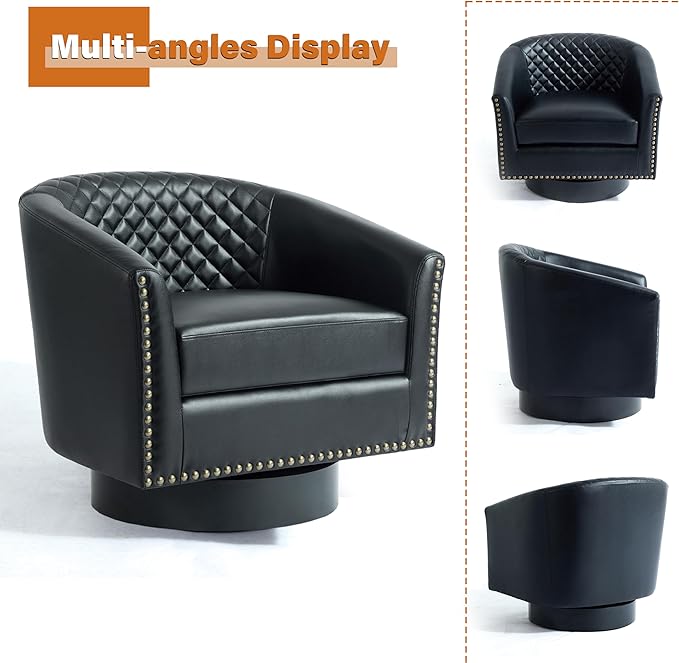 Lumibee 360° Swivel Barrel Chair Faux Leather Swivel Accent Chair with Nailhead Trim Upholstered Round Club Chair Armchair for Living Room Bedroom Black