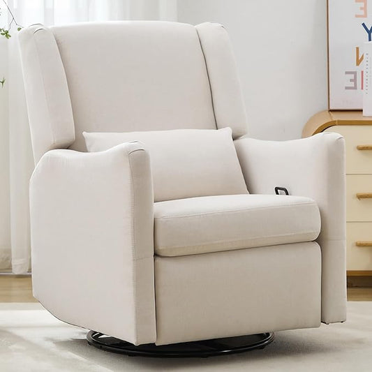 Lazy Boy Glider Recliner Nursery Chair with Wingback Swivel Rocking Recliner for Small Spaces Thick Cushion Linen (Beige)