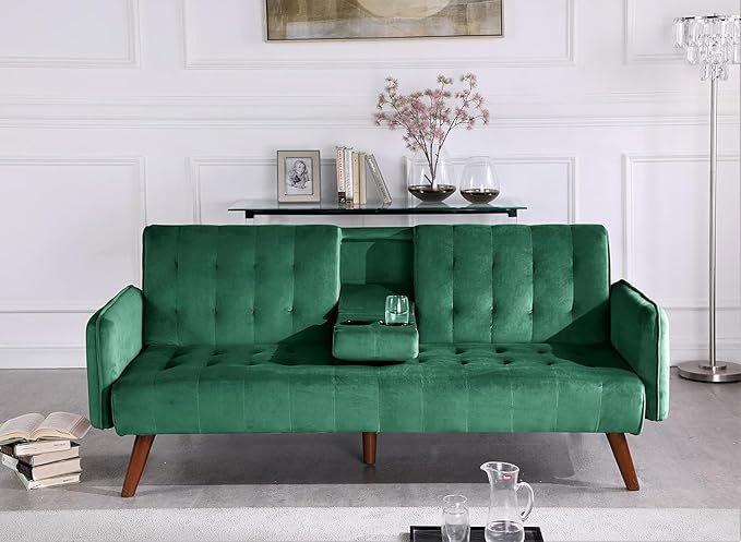 Leno 72 Sleeper Sofa Bed - Convertible Folding Backrest to Full Bed with Cup Holder &amp Drop-Down Table - Space Saving Linen Sofa for Small Spaces - Easy Assembly Green
