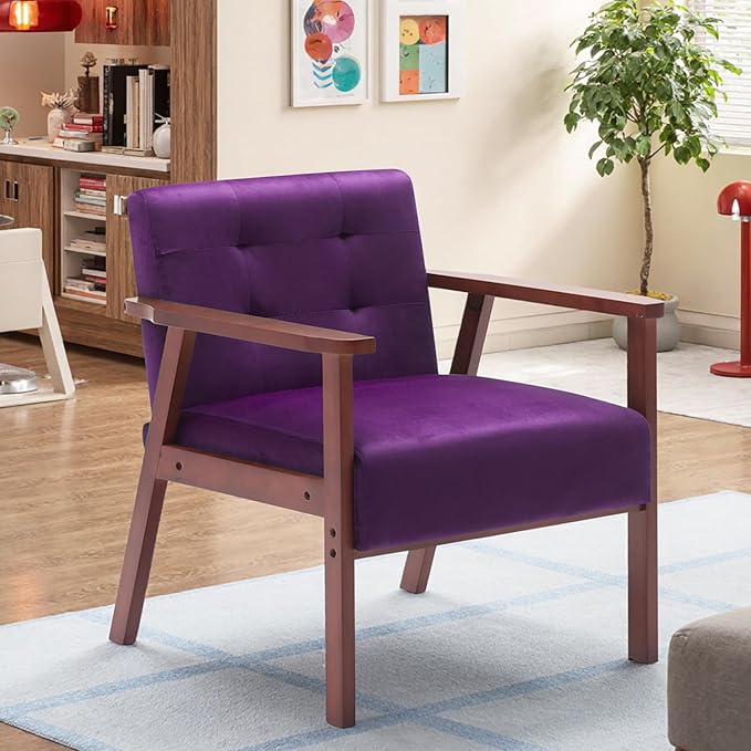 Anwick Mid-Century Modern Accent ChairPU Leather Living Room Chair with Solid Wood FrameComfy Armchair Lounge Reading Chairs for Bedroom Office (Purple)