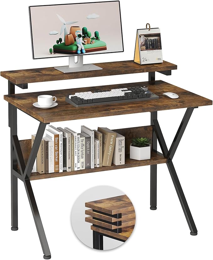 COTUBLR Small Desk 27.5 Inch Small Computer Desk for Small Spaces Computer Desk with Adjustable Monitor Stand Compact Desk with Storage Tiny Desk Study Desk for Bedroom Home Office Rustic Brown