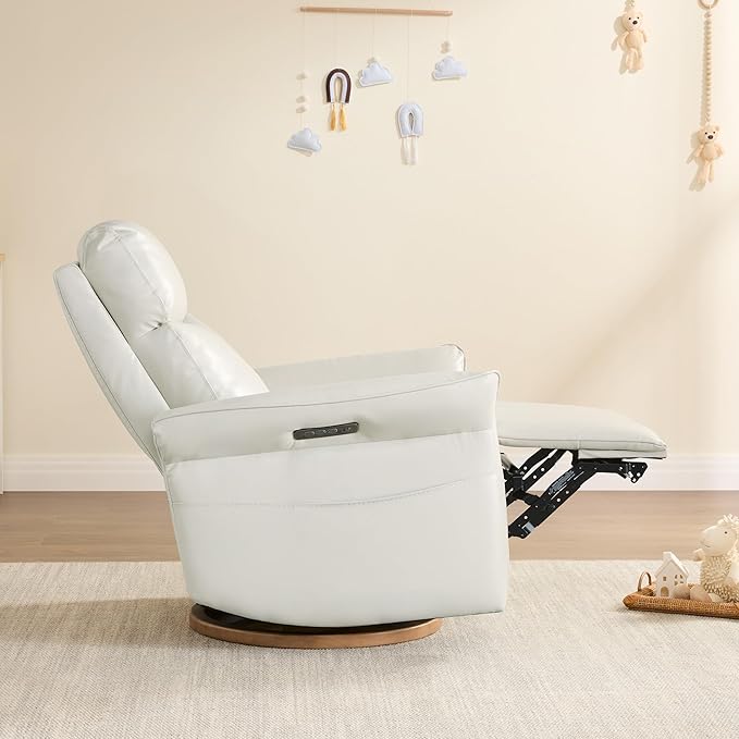 CHITA Genuine Leather Power Recliner Chair Electric Triple-Motor Swivel Glider Nursery Rocking Chair with Adjustable Power Headrest and Lumbar Support GREENGARD Gold Certified Creamy Grey
