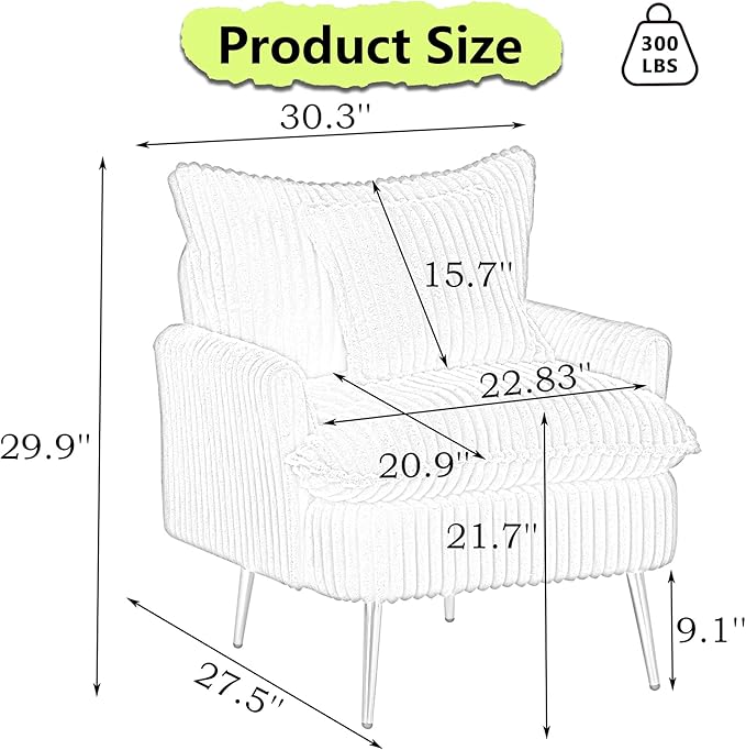 30 Green Accent Chair Corduroy Accent Armchair with Soft Pillow &amp Gold Legs Comfy Upholstered Arm Chairs for Samll Space Living Room Bedroom 300 LBS Capacity (Green)