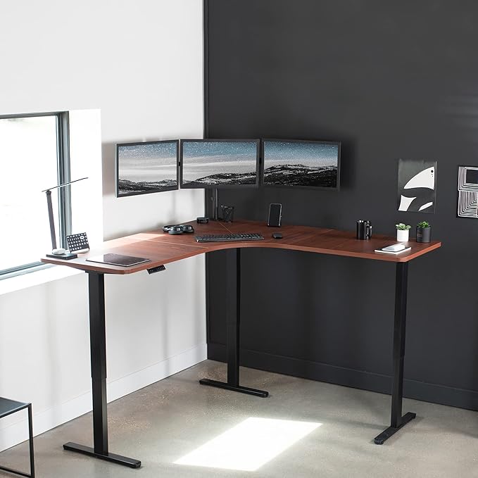 VIVO Electric Height Adjustable 71 x 71 inch Curved Corner Stand Up Desk Dark Walnut Table Top Black Frame Memory Controller L-Shaped Workstation E3C Series DESK-KIT-E3CBD