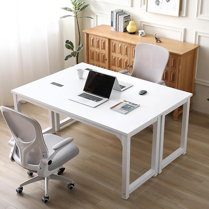 Large Computer Desk - 63 Inch Home Office Desks Study Student Writing Table Gaming Desk Wood Modern Simple Table with USB Ports White