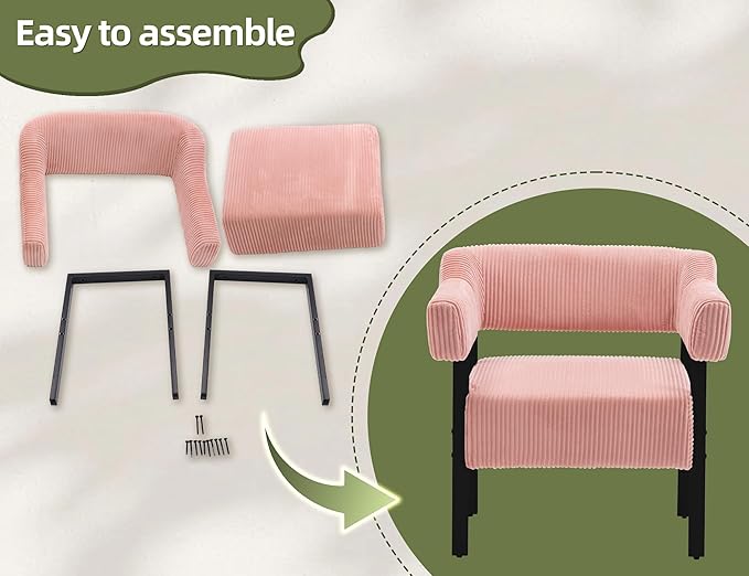 Mistpeople Corduroy Barrel Accent Chair Modern Upholstered Armchair with Metal Legs Cozy Corner Chair for Living Room Bedroom Vanity Office Reading Nook Pink Blackleg