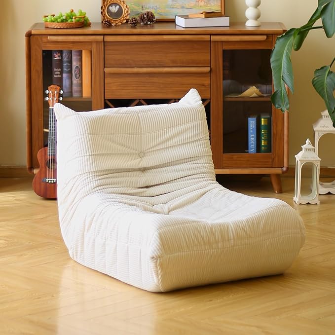 N&ampV Fireside Floor Sofa- Mid-Century Modern Armless Lounge Chair with Premium Soft Corduroy Fabric Plush Foam Cushion Accent Chair for Living Room Bedroom &amp Office (White)