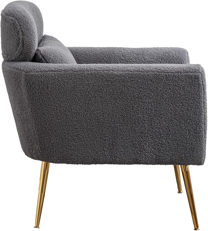 29.5 W Modern Boucle Accent Chair Armchair Upholstered Reading Chair Single Sofa Leisure Club Chair with Gold Metal Leg and Throw Pillow for Living Room Bedroom Dorm Room Office Gray Boucle