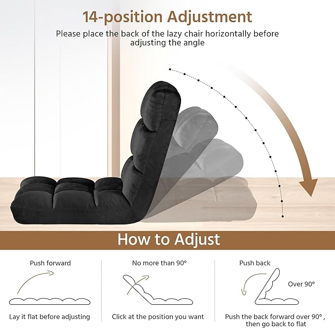 Topeakmart Living Room Floor Chair Folding Padded Lounge Chair with 14 Adjustable Position Meditation Chair Gaming Sofa with Backrest Lazy Sleeper Recliner for Living Room Bedroom Black 2pcs