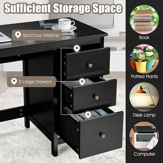 Computer Desk with Drawers 48’’ x 20’’ x 29.5’’ Home Office Computer Workstation Modern Executive Desks Teens Writing Study Table Laptop Desk for Bedroom Study Small Space (Black)