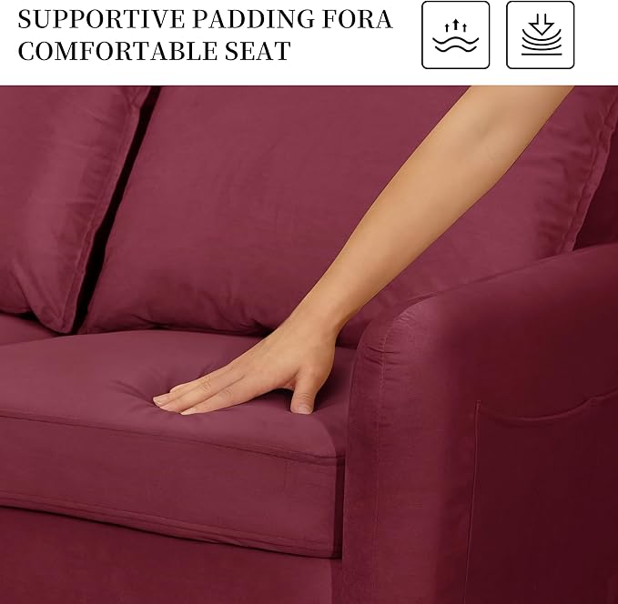 56.1 Round Arm Velvet Loveseat with Side Pockets and a Square Pillow (Burgundy) | Side Storage Pockets Pillow Included