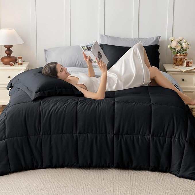 JOLLYVOGUE Twin XL Comforter Set Ultra-Soft Bed in a Bag Twin XL Size 5 Pieces Oeko-TEX Certified Bedding Set with Down Alternative Comforter Sheets Pillowcases &amp Shams Black &amp Light Grey