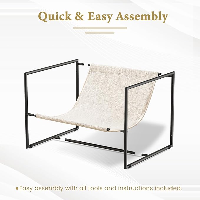 Furnilivng Large Sling Accent Chair Comfortable Boucle Fabric Arm Chair Upholstered Cozy Reading Chair for Living Room Bedroom Dressing Room Home Office White