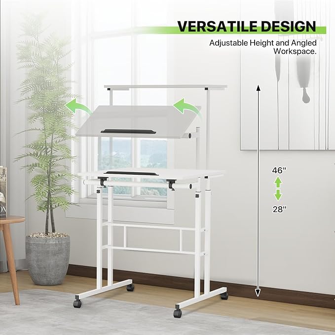 Magshion Standing Desk with Wheels Height Adjustment from 28 to 46 Sit to Stand Up Mobile Computer Desk Rolling Laptop Cart for Home Office Walking Pad Writing and Gaming White