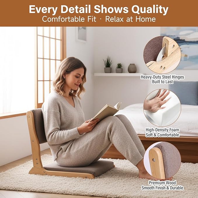 Tiita Floor Chair with Back Support Foldable Meditation Tatami Chairs Backrest Chair with Cushion Living Room Chair Seat 4 Pack Wood Grey