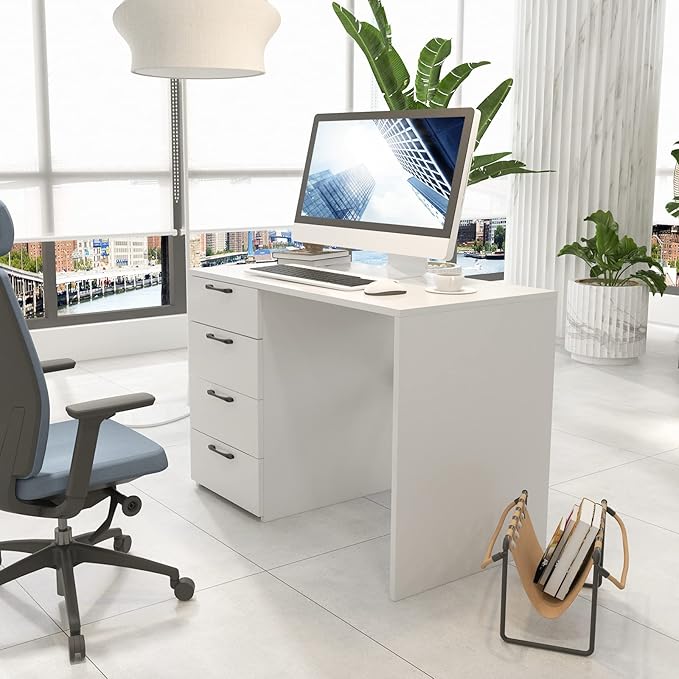 White Desk with Drawers Home Office Desk with 4 Storage Drawers Modern Vanity for Bedroom Teen Writing Study Table Wood Computer Workstation for Study Room 43.5×23.5×30 (L×W×H)