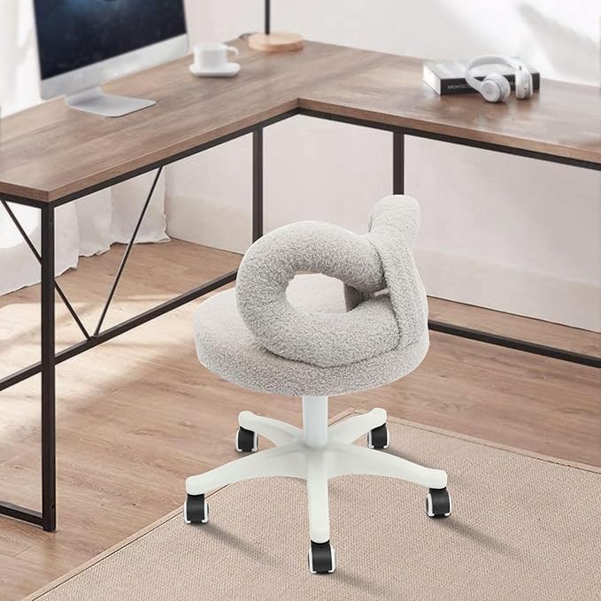 Vanity Chair with Cute Bow Backrest Grey Make-up Chair Height Adjustable Roller Chair with 5 Wheels Armless Dressing Chair Small Upholstered Accent Chair Desk Chair for Bedroom Living Room