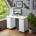 White Mobile Home Office Desk W/Cabinet &amp 4 Drawers Rolling PC Desks Table Computer Desk On Wheel Office Desk with Storage Shelves White Desk Mobile Training Table for Collaboration 120x54x81