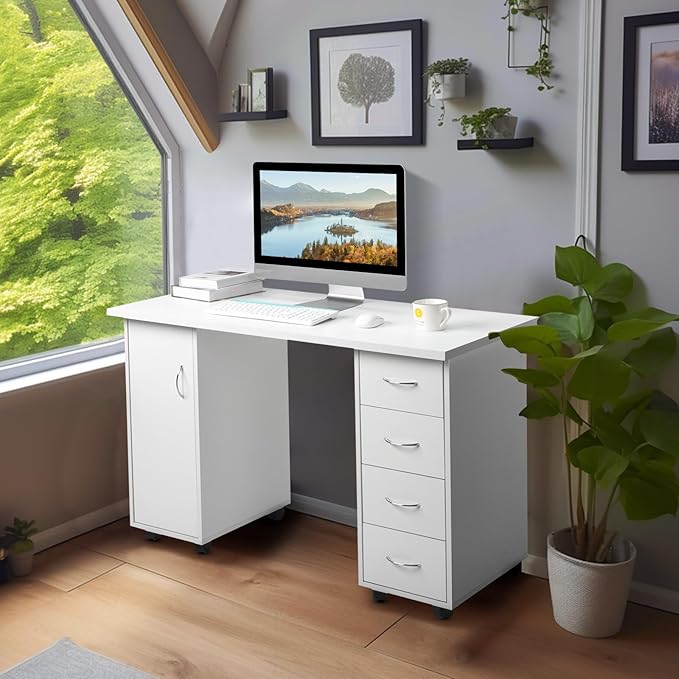 JHshop White Portable Desk with Drawers Mobile Laptop Desk with Wheels Writing TableHome Office Desk with StorageWork Desk for Home OfficeExecutive Table for PC Laptop 120 x 54 x 81CM