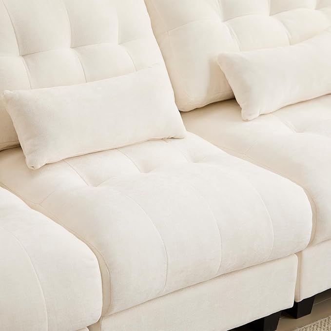 93 3+1 Seater Sofa with Ottoman - 4-Position Adjustable Backrest 350lb/Seat Soft Chenille Fabric 3 Throw Pillows Easy Assembly (Beige)