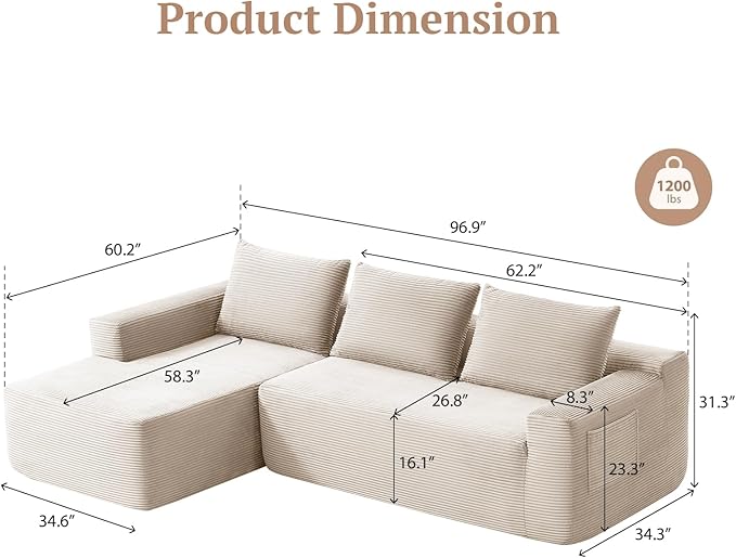 97inch Boneless L-Shaped Sectional Sofa with Throw Pillow &amp Side Pockets- No Assembly Compressed Modular Couch Memory Foam Deep Seat for Living Room Bedroom Apartment White Left