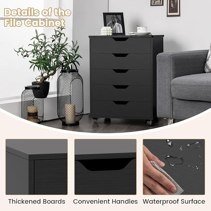 File Cabinet Mobile Filing Cabinet w/Universal Wheels &amp 5 Drawers Wood Printer Stand with Storage Rolling File Cabinets for Home Office Living Room Bedroom (Black 5 Drawers)