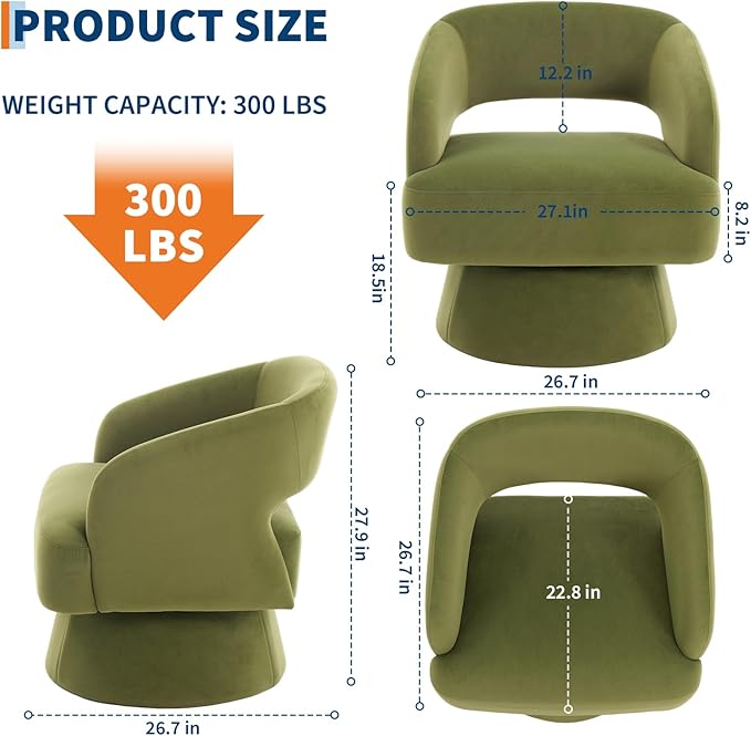 GarveeHome Modern Swivel Barrel Accent Chair 360° Velvet Upholstered Armchair with Striped Backrest &amp Plush Padding Comfy Round Lounge Chair (2 Green + Hollowed)