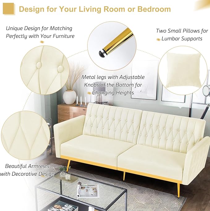 70” Velvet Futon Sofa Bed with 2 Pillows and Adjustable Armrests Convertible Sleeper Bed W/Adjustable Backrests Modern Loveseat for Living Room Bedroom Beige