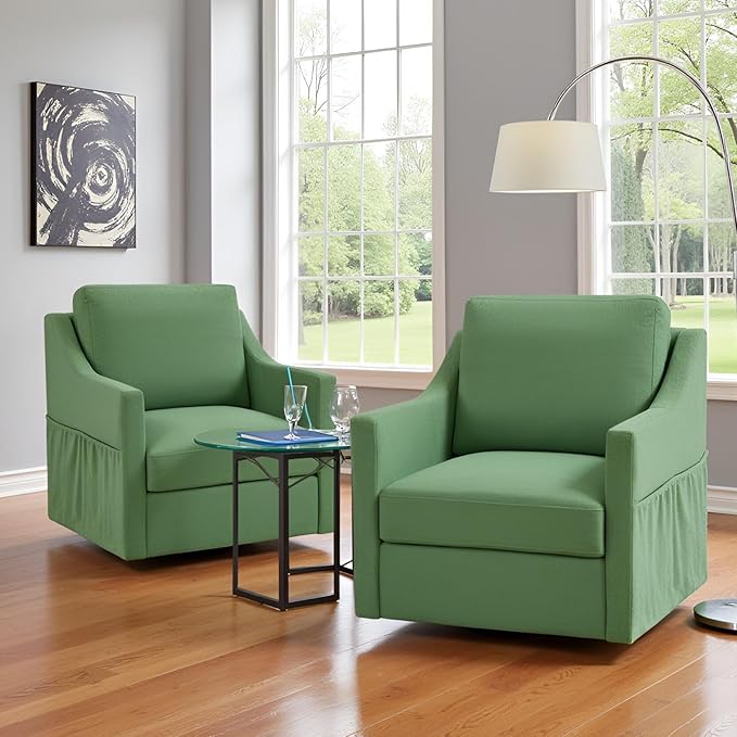 HOMREST Swivel Accent Chair Sets of 2 360° Rotation Linen Fabric Armchair Modern Barrel Chairs with Lumbar Pillow for Reception Living Room Bedroom Home and OfficeGreen