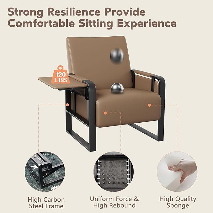 Andeworld Modern Accent Chair Mid Century Living Room Armchair Upholstered Faux Leather Sofa Side Chair with Side Table for ReadingWorkingOfficeApartmentDark Brown