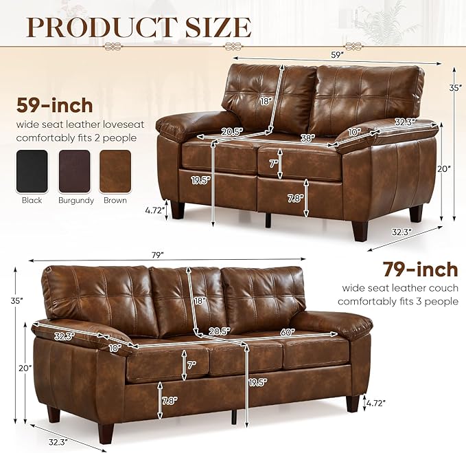 2 Piece Brown Leather Sofa Set with Storage Mid-Century Modern Tufted Retro Vintage Faux Leather Couch and Loveseat Living Room Sets Comfy Cloud Upholstered Furniture(Brown 2+3 Seater Couch Set)