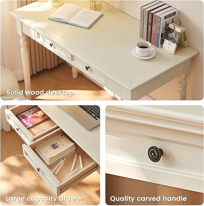 White Writing Desks with Drawers 47 Solid Wood French Country Style Computer Desk for Home Office Living Room Study or Workspace