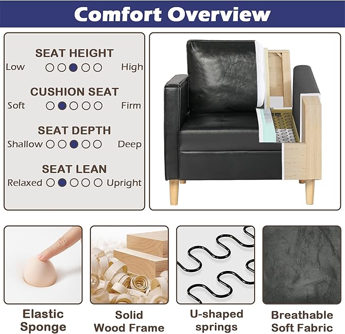 STHOUYN Black Faux Leather Accent Chairs Set of 2 Small Living Room Bedroom Chairs Comfy Reading Chair Single Sofa for Adults Suitable Small Spaces Office Couch Easy Assembly