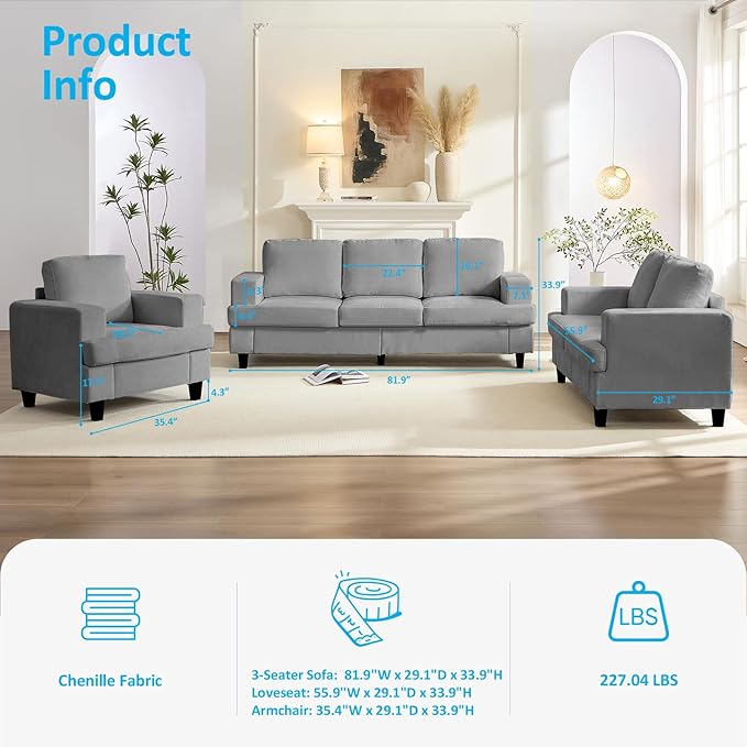 PUREMIND 3 Piece Living Room Sofa Set Chenille Upholstery 3 Seater Couch and Loveseat and Armchair Set Solid Wood Frame Modern Sectional Couches for Living Room Office Apartment