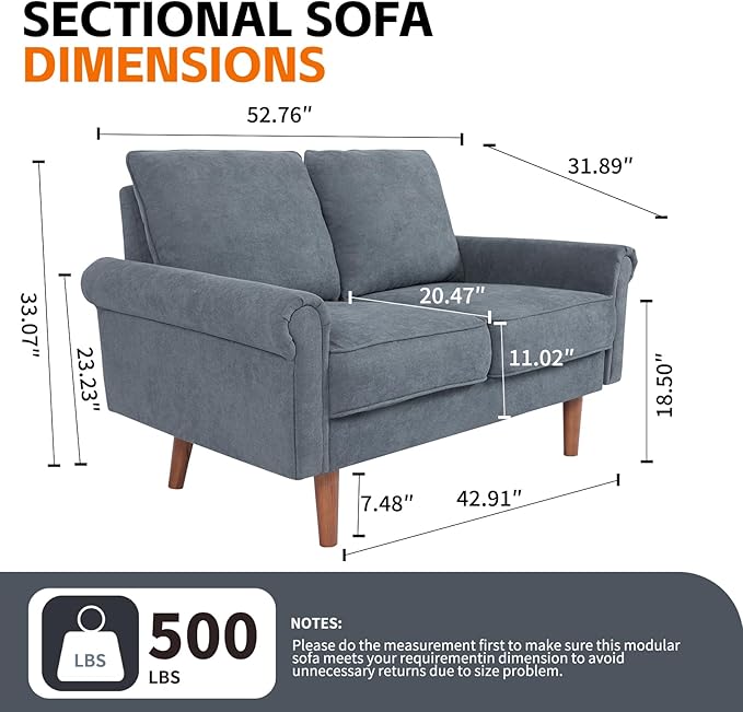57-Inch Modern Velvet Loveseat Sofa with Rolled Armrests Removable Cushions Solid Wood Legs Comfy Two-Seater Sleeper Couch Easy Assembly for Living Room Bedroom Office Gray