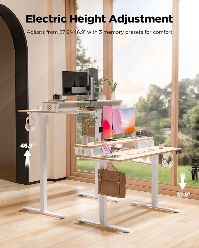 FiCiHi 40x24 Inch Standing Desk with Drawers C-Clamp Mount Compatible Electric Adjustable Height Computer Small Stand Up Desks Home Office Sit Stand Table with 3 Preset Heights Maple