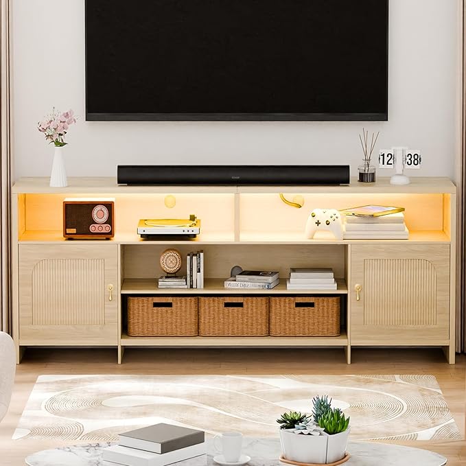 Fluted TV Stands for Living Room 70 Mid-Century Modern Entertainment Center with LED Lights and Open Storage Shelves Curved TV Media Console (Natural Oak)