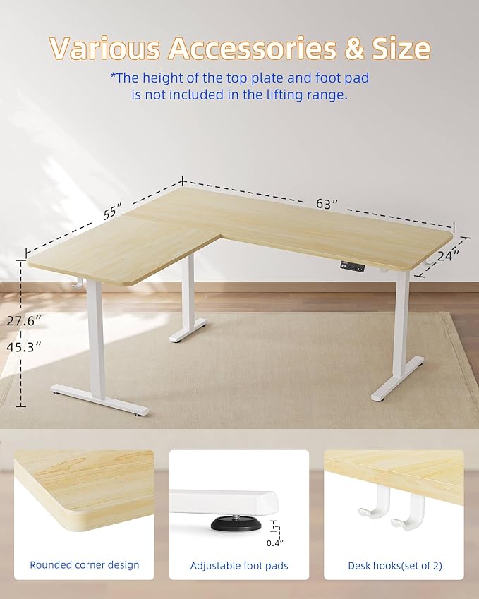 YIHAYO L Shaped Standing Desk Adjustable Height 63 x 55 Inches Electric Corner Standing Desk with Splice Board Computer Desk for Home Office Natural