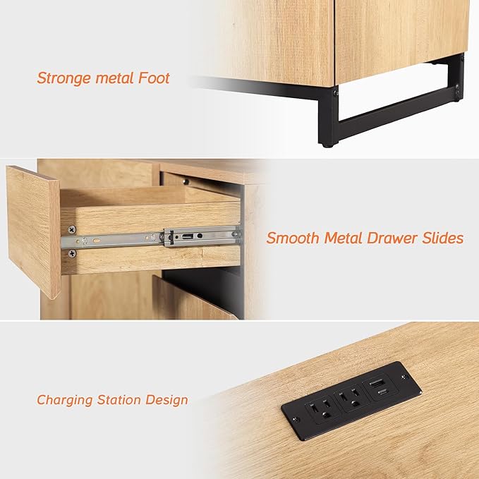 WAMPAT 59 Inch Modern Home Office Desk with Charging Station Wood Computer Writing Desk with 7 Deep Drawers Oak Executive Desk Study Table for Living Room Home Office
