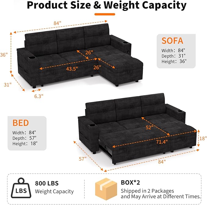 Garvee Couches for Living Room 84'' Sofa Bedl-Shaped Sectional Sleeper Sofa with Pull Out BedReversible Storage Chaises Hidden Storage ArmrestsCup Holders &amp USB Charging Ports