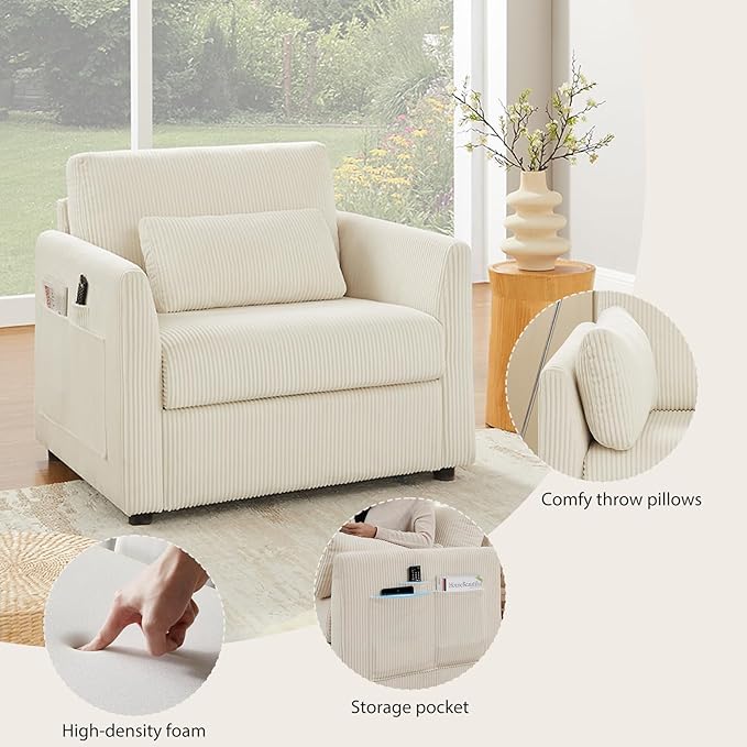 Modern Corduroy Accent Chairs 38 W Comfy Armchair with Soft Pillows and Side Pockets Single Reading Chairs for Living Room Bedroom Apartment Beige