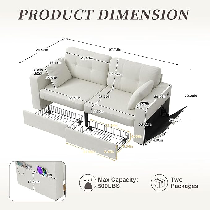 67 Small Loveseat Couch with Storage USB Charging and Cup Holder Space Saving Furniture Modern Chenille Love Seat Sofa Small Couches for Small Spaces Bedroom Apartment Beige
