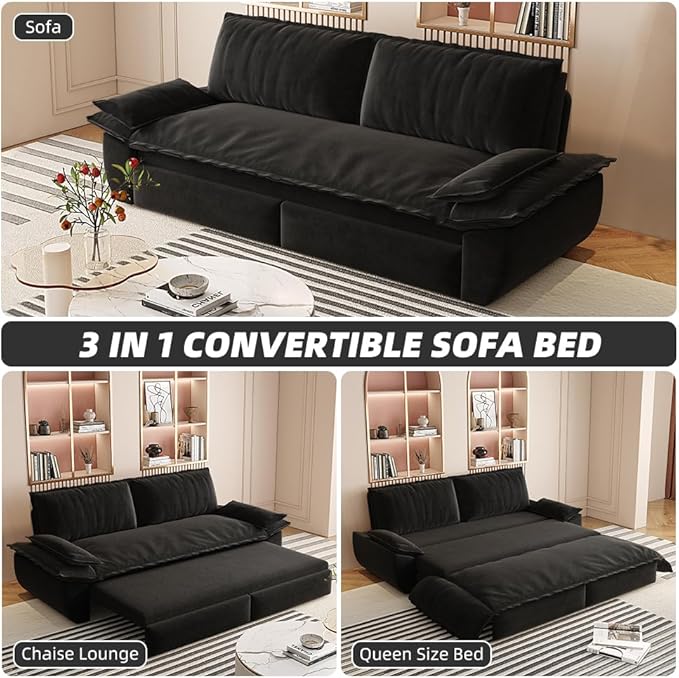 Cilee 73.2 Folding Sofa Bed 3-in-1 Convertible Loveseat Sleeper Sofa Pull Out Futon Sofa Bed Comfy Floor Couch with Storage Pocket &amp 2 Pillows Love Seats Furniture for Living Room Velvet Bl