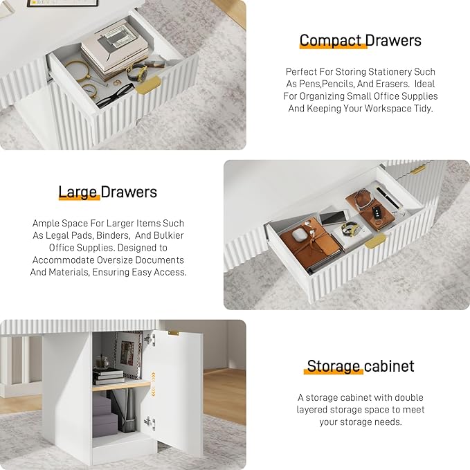 60 Executive Desk with Fluted Drawers Wood Home Office Desk with Storage Cabinet Fluted Reversible Computer Writing Desk for Study Living RoomWhite