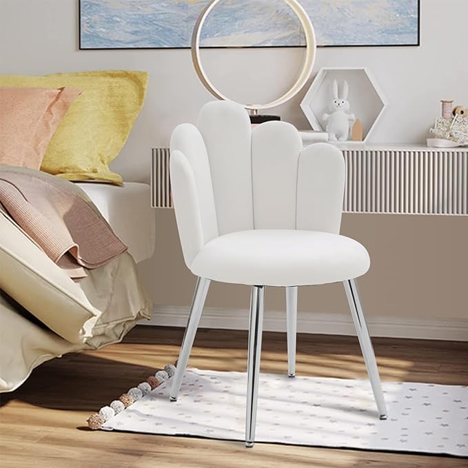 Vanity Chair for Makeup Room - Midcentury Modern Accent Chair for Living Room Bedroom Velvet Chair with Back Support and Metal Legs (White)