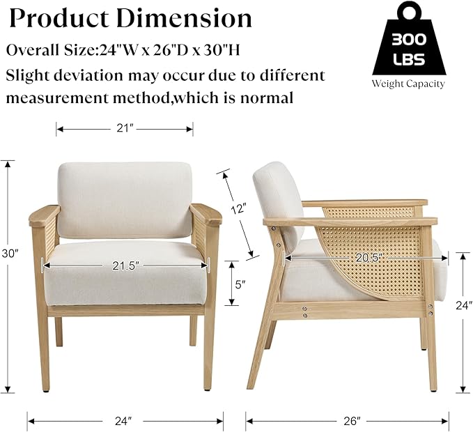 Mid Century Modern Accent Chair Set of 2 Rattan Armchair with Wood Legs Living Room Chair Linen Upholstered Lounge Chair for Bedroom Reading Room Beige