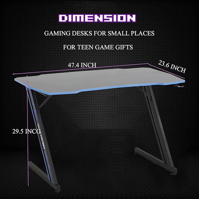 Large PC Gaming Desk 47 in Computer Desk with Headphone Hook Z-Shaped Gaming Table Home Office Desks Workstations for Small Places Carbon Fiber Surface Simple Installation Black