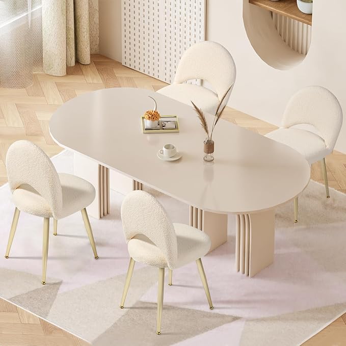 Vanity Chair with Adjustable Backrest Boucle Upholstery Armless Makeup Stool Cream White Sherpa Vanity Stool with Gold Metal Legs for Bedroom Living Room Kitchen Dinning Room(White)