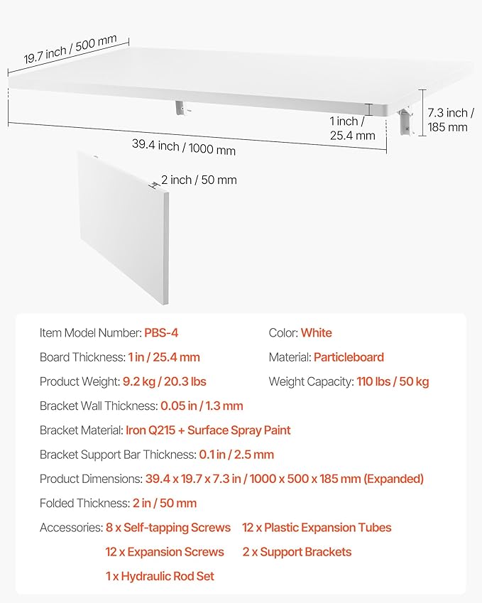 VEVOR Wall Mounted Folding Table 39.4 x 19.7 inches Wall Mount Table Floating Desk with Iron Bracket for Small Spaces Home Office Dining Laundry Room Kitchen Bar White